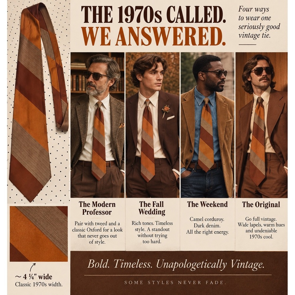 Vintage 70s Wide Stripe Silk Necktie Orange Brown Tan 4.25 Inch Retro Preppy